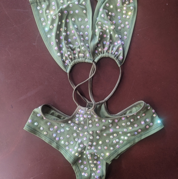 Custom Sabrina Carpenter Taytay style cut out rhinestone gilded glam one piece S - Picture 9 of 10